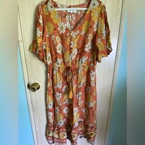 Margaux Riviera Womens Floral Midi Dress Neutral Bohemian Sz XL